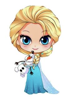 a cartoon frozen princess holding a snowman with blue eyes and long blonde hair, wearing a