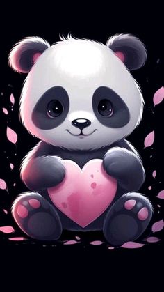 a panda bear holding a heart in its paws