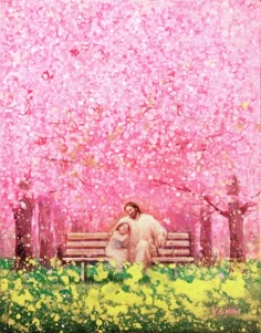 a woman sitting on top of a wooden bench under a pink tree