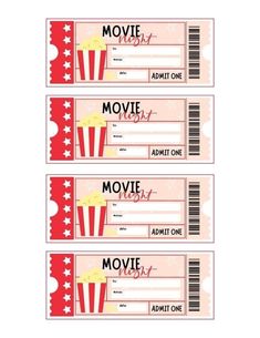 three movie tickets with red and white popcorns on the front, one for each