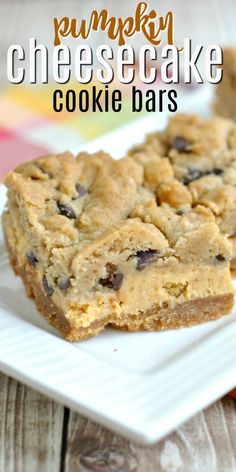 pumpkin cheesecake cookie bars on a white plate