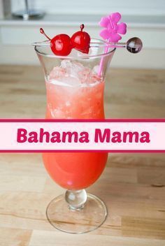 a pink drink with two cherries on top and the words banana mama in front