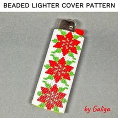 the beaded lighter cover pattern is red and green poinsettis on white