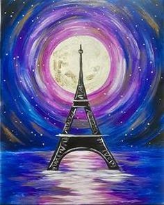 a painting of the eiffel tower at night with stars in the sky and water