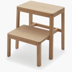 two wooden stools sitting side by side on a white background and one is empty