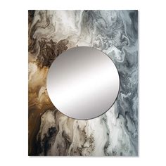 a round mirror mounted to the side of a wall next to a black and white marble background