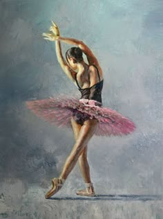 a painting of a ballerina in pink tutu and black leotard, with her arms outstretched