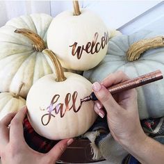 someone is writing on some pumpkins with the words welcome fall written on them in cursive letters