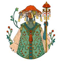 a drawing of a woman with an umbrella on her head and holding a cane in one hand