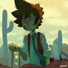 a cartoon character holding a banana in front of a cactus and other desert area with cacti on the ground