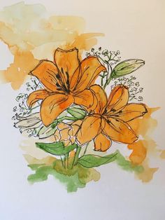 watercolor painting of orange flowers on white paper