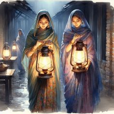 two women are holding lanterns in their hands