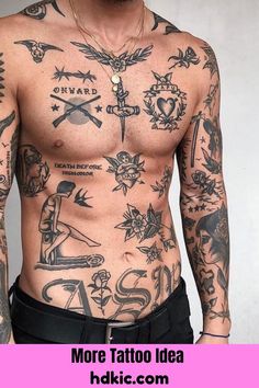 a man with lots of tattoos on his body and chest is looking at the camera