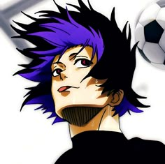 an anime character with blue hair and soccer ball in the air behind him, looking to his left