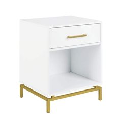 a white and gold nightstand with two drawers on one side, the other is open