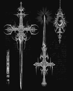 three different types of swords with intricate designs on the sides and in the middle, one is