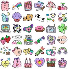 an assortment of cartoon stickers on a white background