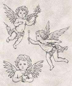 three cherubs are depicted in black and white