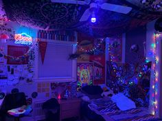 a bedroom decorated with lights and decorations