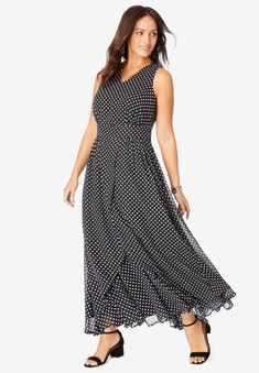 A sleeveless maxi with a flattering flow. Shirred empire waist leads to a split flyaway skirt. V neckline. Back zip. Fully lined. 55" Shrug For Dresses, Occasion Dresses Wedding, Maxi Dress Black, Swimsuits For All, Plus Size Maxi Dresses, Black Polka Dot, Cocktail Dress Party, Empire Waist, Wearing Dress