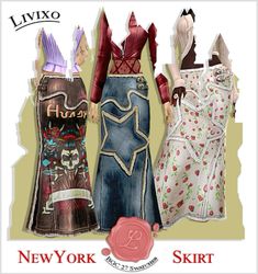 three women's skirts are shown in different colors and sizes, with the words new york on them