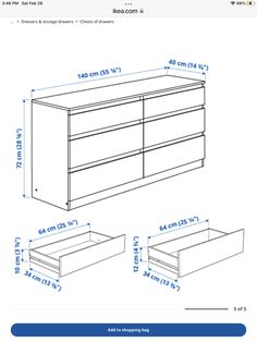 the measurements for an ikea dresser with drawers on each side and one drawer at the bottom