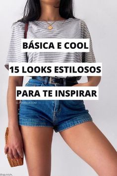 Básica e cool: 15 looks estilosos para te inspirar. Procurando inspirações de looks para o dia a dia? Então confira este artigo recheados de ideias de visuais estilosos com short jeans, t-shirt listada e muitas outras inspirações de looks básicos. #lookbasico #casual #lookcomjeans #ideiasdelooks Look Short Jeans Dia, Short Jeans Outfit, Look Short Jeans, T Shirt Branca, Jean Short Outfits, Usa Shorts, Jeans Street Style, Short Jean, Outfit Mujer