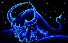 an artistic painting of a blue horned animal with stars in the night sky behind it