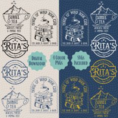 the logos for different types of teas are shown in blue and yellow colors, with white