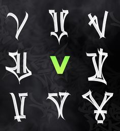 the letters and numbers are written in different styles on a black background with white writing