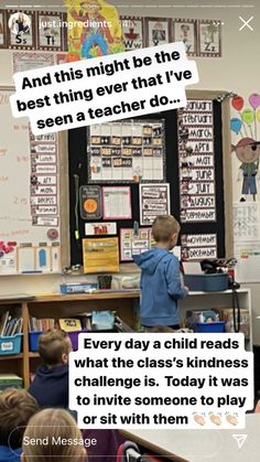 a classroom with two children in front of a bulletin board