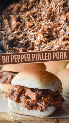 dr pepper pulled pork; photo of the pork and photo of the pork on a sandwich bun Pork In The Crock Pot, Pulled Pork Crockpot, Dr Pepper Pulled Pork, Pork Crockpot, Crock Pot Pulled Pork Recipe, Pork Crockpot Recipes, Easy Crockpot Dinners, Crockpot Pulled Pork, Pulled Pork Recipes