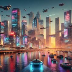 an image of futuristic cityscape with boats in the water