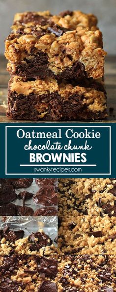 an image of chocolate cookie brownies stacked on top of each other with the words oatmeal cookie below