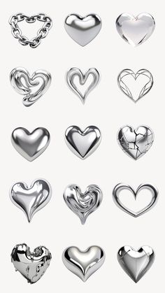 a bunch of silver hearts on a white background