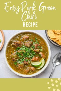 a bowl filled with soup next to tortilla chips and avocado on the side