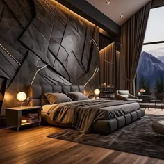 a bedroom with a large bed in the middle of it and a mountain view out the window