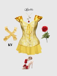 a yellow corset with red roses and shoes