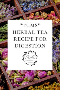 a box filled with lots of different types of flowers and the words tums'herb tea recipe for digest