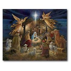 a nativity scene with angels and sheeps in the grass, surrounded by stars