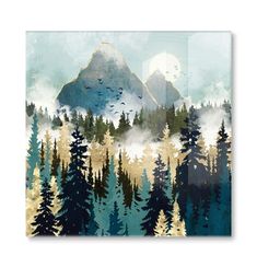 a painting with trees and mountains in the background