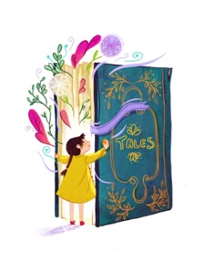 an illustration of a girl opening a book with the word tales written on it and flowers