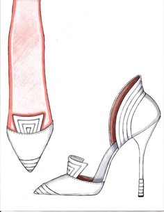 a drawing of a high heeled shoe next to a tall red and white bottle