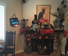 a living room decorated for halloween with decorations