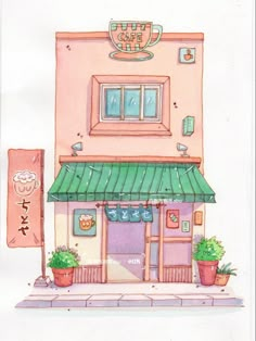 a watercolor drawing of a store front with potted plants