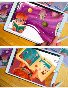 two pictures of children's books on an ipad, with the same image in different ways