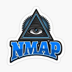 an illuminate sticker with the word nmap in blue letters and an all seeing