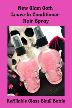 This glass skull spray bottled is filled with the best treatment for your hair! Made with rose water, it will detangle, strengthen and renew your locks. Comes in a box with pink tissue paper! Reusable bottle! #glamgoth #leaveinconditioner #glassskull #skull #skulllove #halloween #autumn #rosewater #natural #socialholicdiva Cute Skincare, Pink Tissue Paper, Conditioner Hair, Halloween Autumn, Reusable Bottle, Hair Spray, Clean Skincare, Leave In Conditioner, Creepy Cute