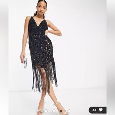 Asos Edition Sequin Cutwork Cami Midi Dress With Fringe In Black 6 Medium All Other Dresses Can Go Home V-Neck Adjustable Straps Zip-Back Fastening Fringe Hem Slim Fit Flapper Style Dresses, Dress With Fringe, Cami Midi Dress, Gatsby Style, Flapper Style, Asos Dress, Black Sequin Dress, Asos Dresses, Cut Work