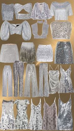 an assortment of silver sequins and dresses on display